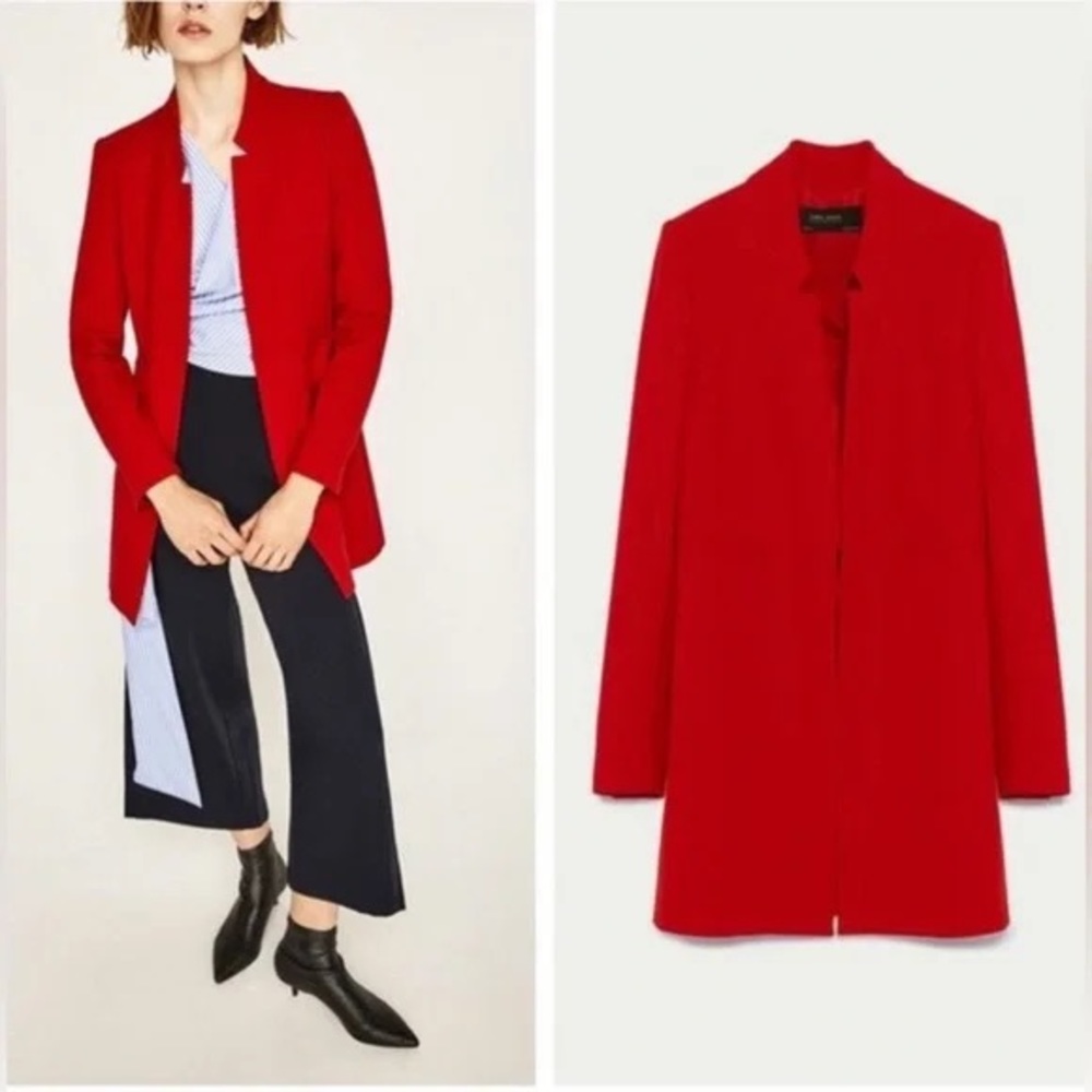 Zara Bright Red Collarless Open-Front Blazer